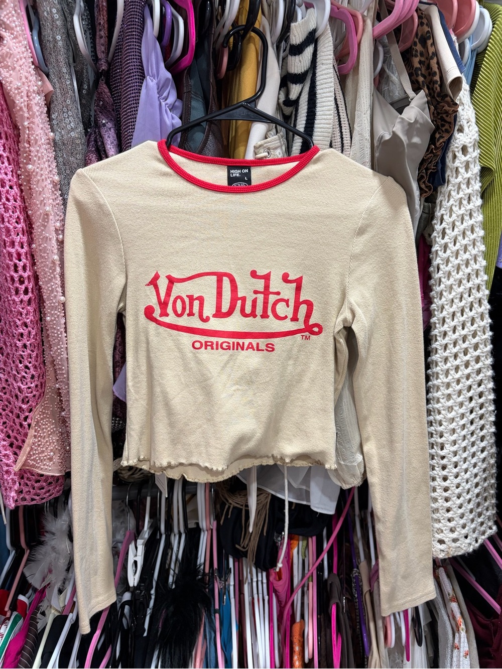 Von Dutch Women's Cream Long-Sleeve Logo Top with Red Trim